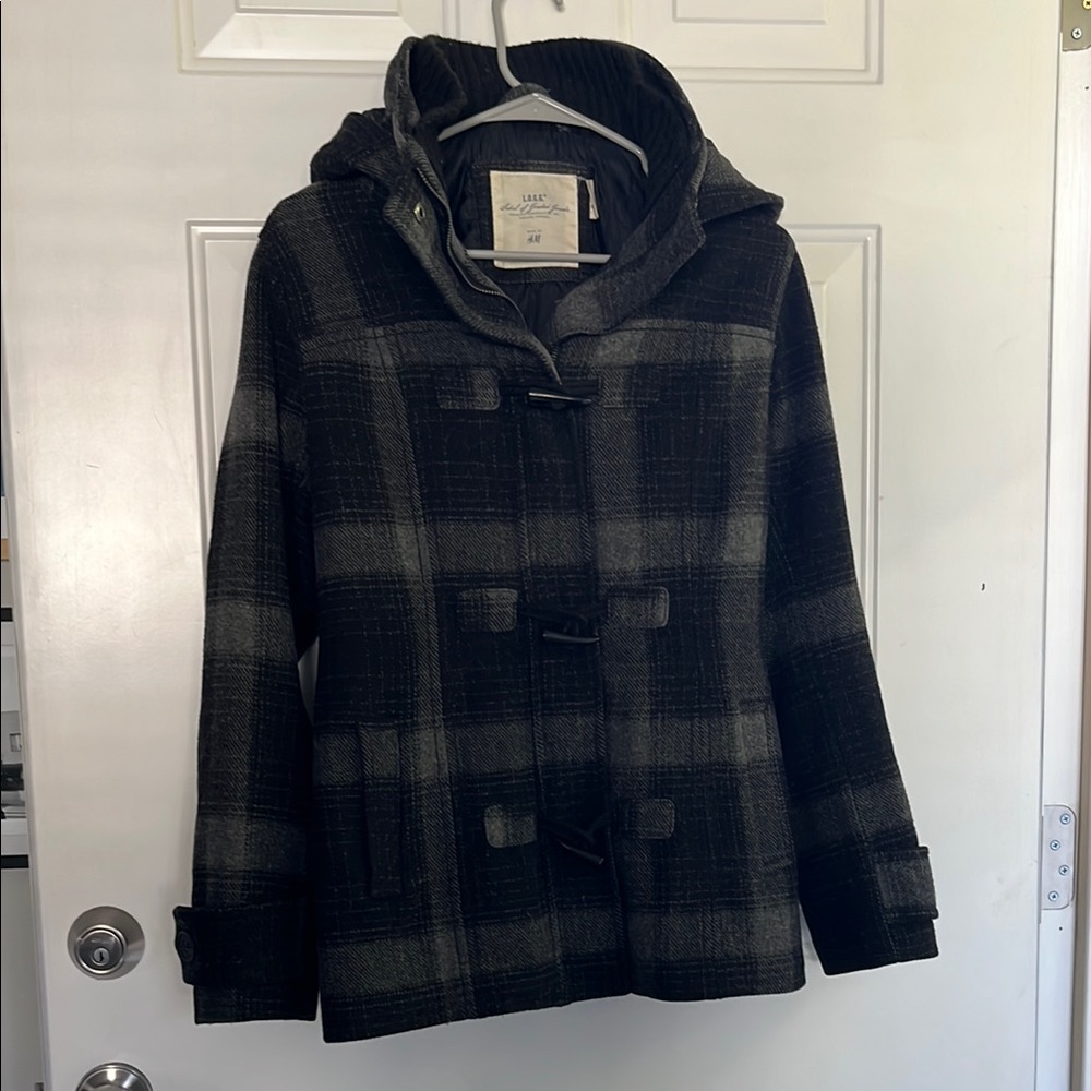 H&M Black and Gray Hooded Pea Coat for Stylish Comfort